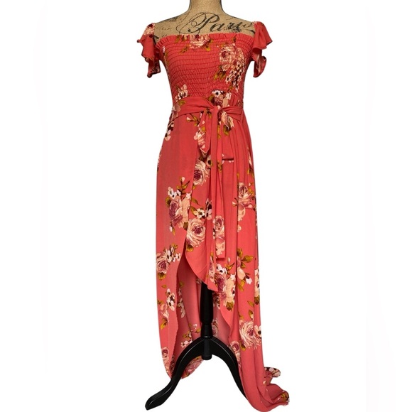 Privy Rose Floral Smocked High Low Wrap Style Flowy Front Tie Summer Sundress - Picture 11 of 11